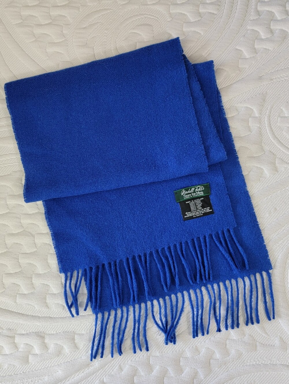Marshall Fields Men's 100% Lambswool Cobalt Blue Fringed Scarf Luxury 64" X 11.5